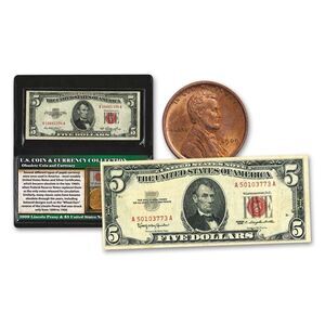 Obsolete Coin and Currency: 1909 Lincoln Penny & $5 United States Note